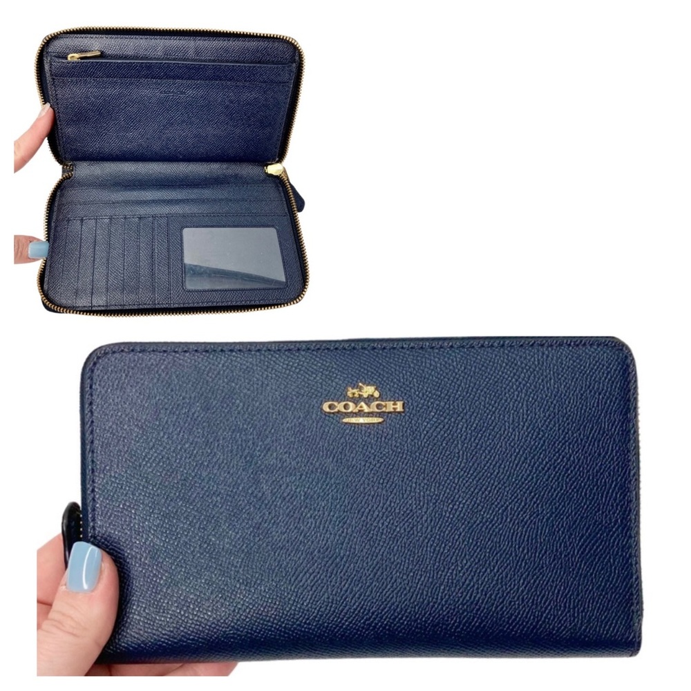 COACH F37544 Midnight Navy Blue & Gold Leather Zip Around Large Carryall Wallet